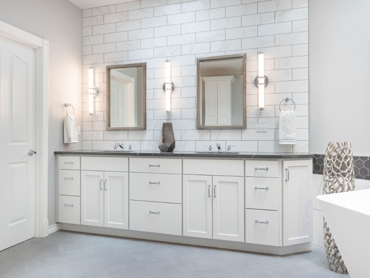 After image of a transformed gray bathroom sink, highlighting modern fixtures and a stylish, updated appearance