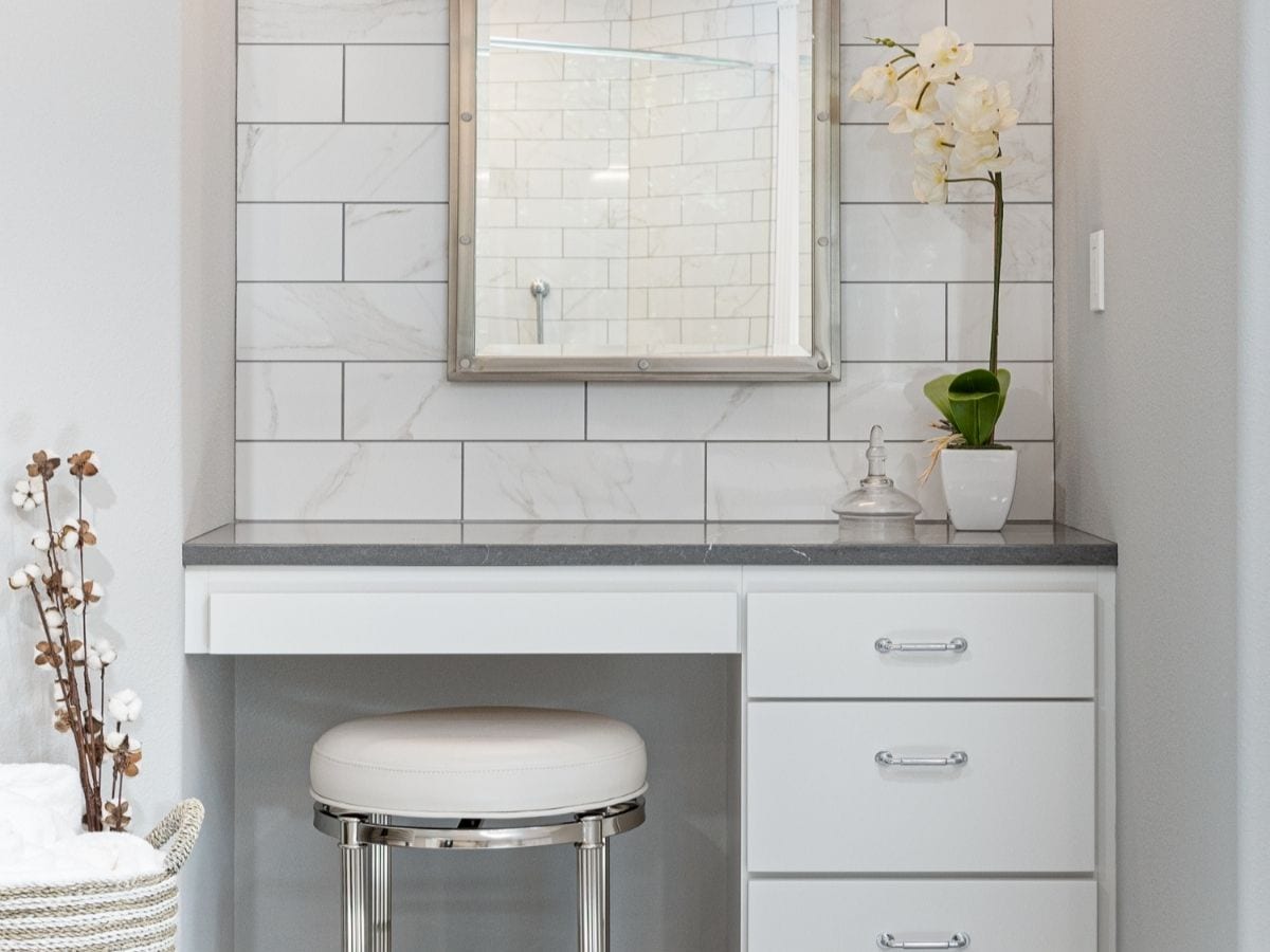 After image of a stunning gray bathroom vanity transformation, showcasing modern upgrades and stylish design elements