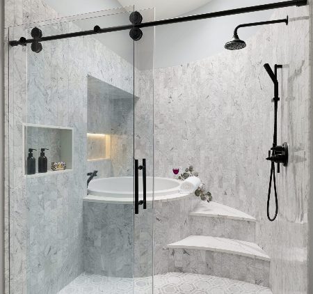 An update, modern, luxury bathroom with a soaker tub inside a very large shower and shelf lighting to help illustrate luxury home essentials.
